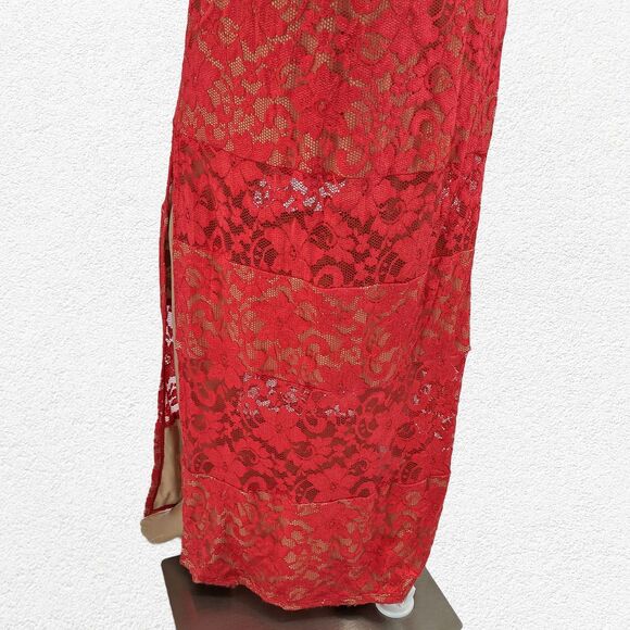 Vintage y2k ABS Allen Schwartz Maxi Dress Floral Lace Slit Pink Wrap Size Small - Picture 5 of 11